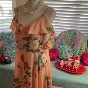 Belle sky peachy floral dress with ruffle front